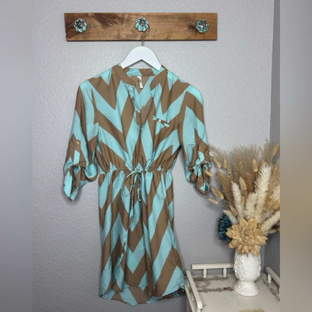 Chevron Patterned Dress in Blue and Brown